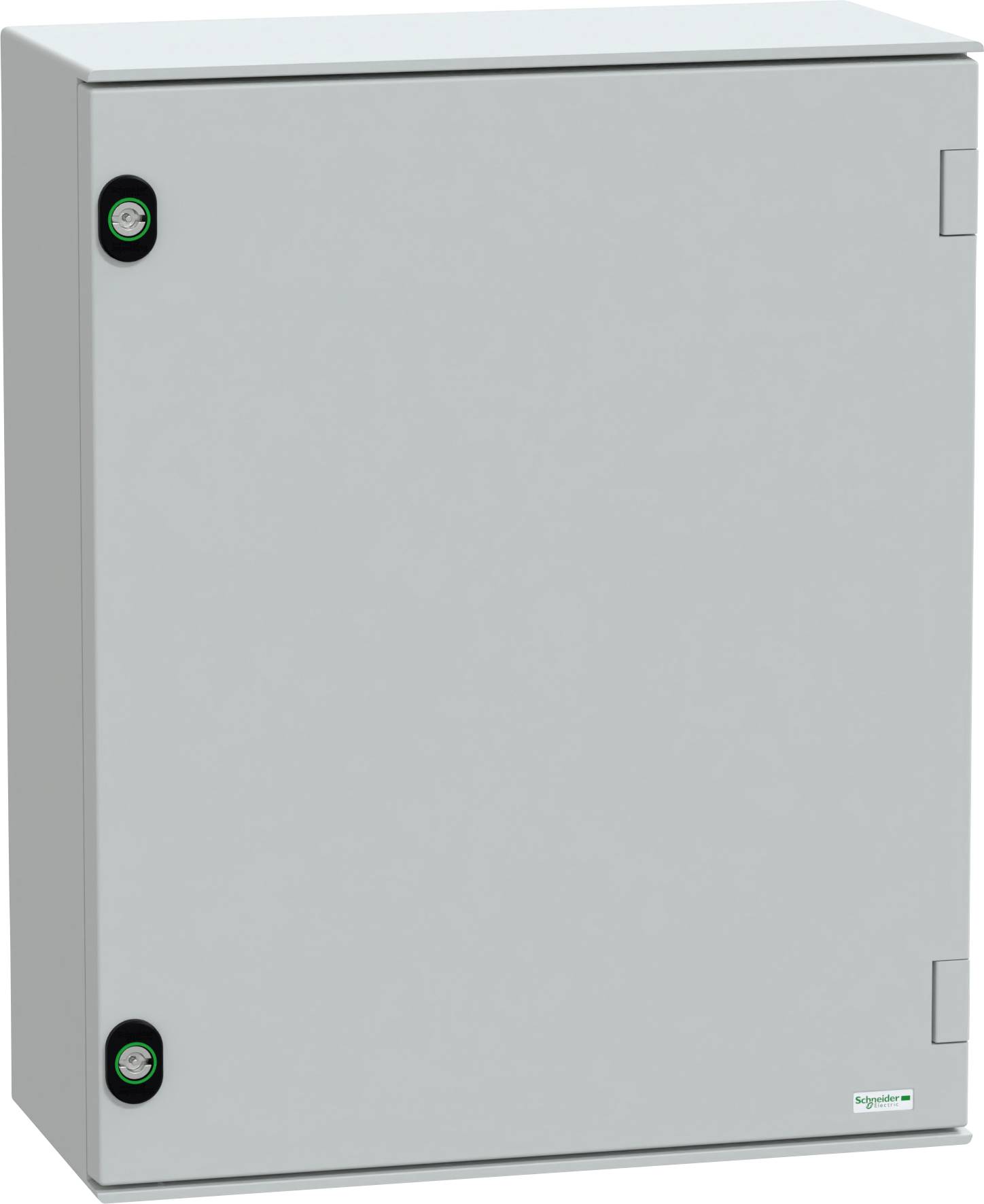Un boîtier électrique gris avec deux loquets circulaires noirs, portant un logo Schneider Electric dans le coin inférieur droit.