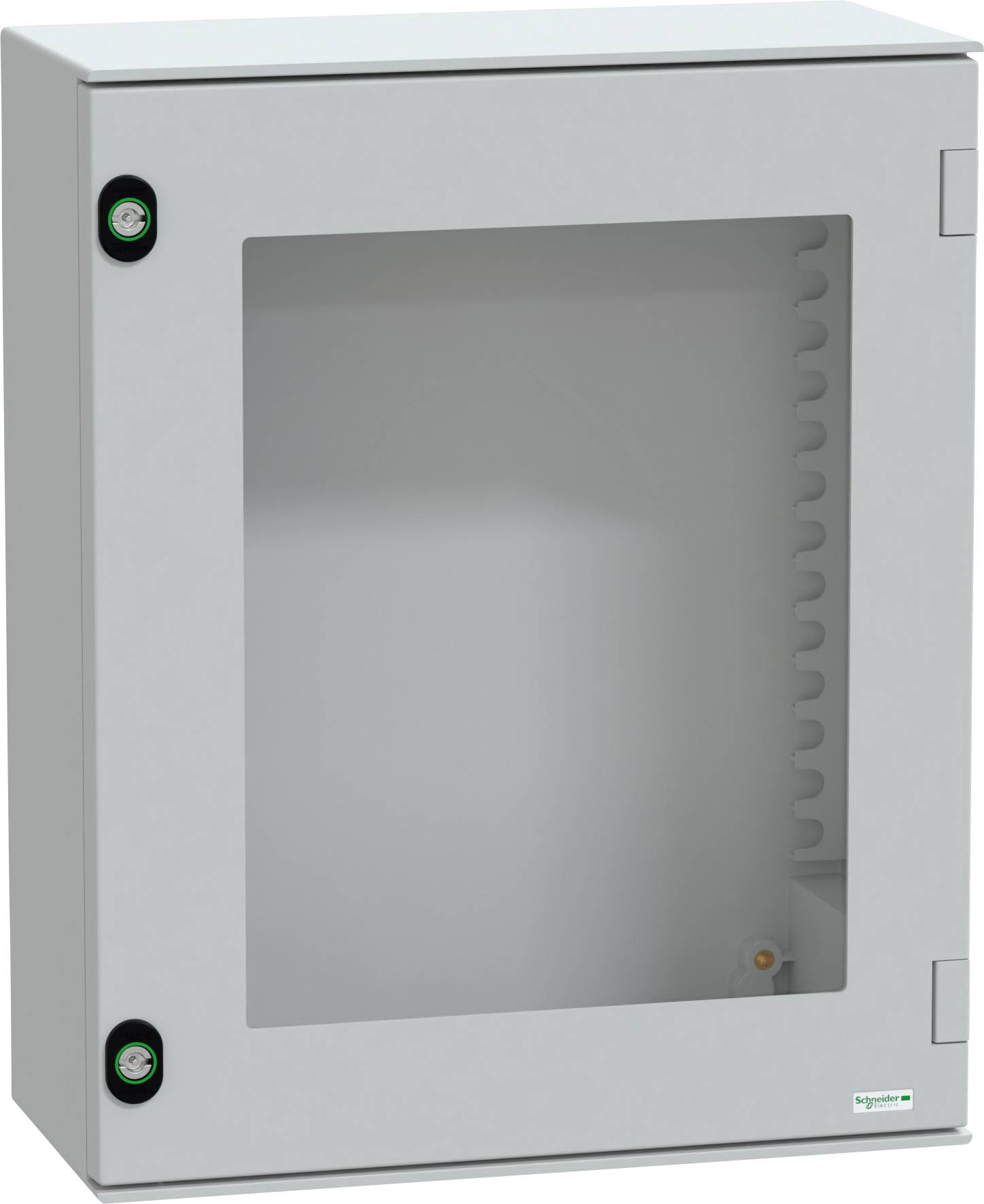 Une armoire électrique grise avec un panneau frontal transparent, présentant deux charnières latérales et un intérieur équipé de supports de montage.