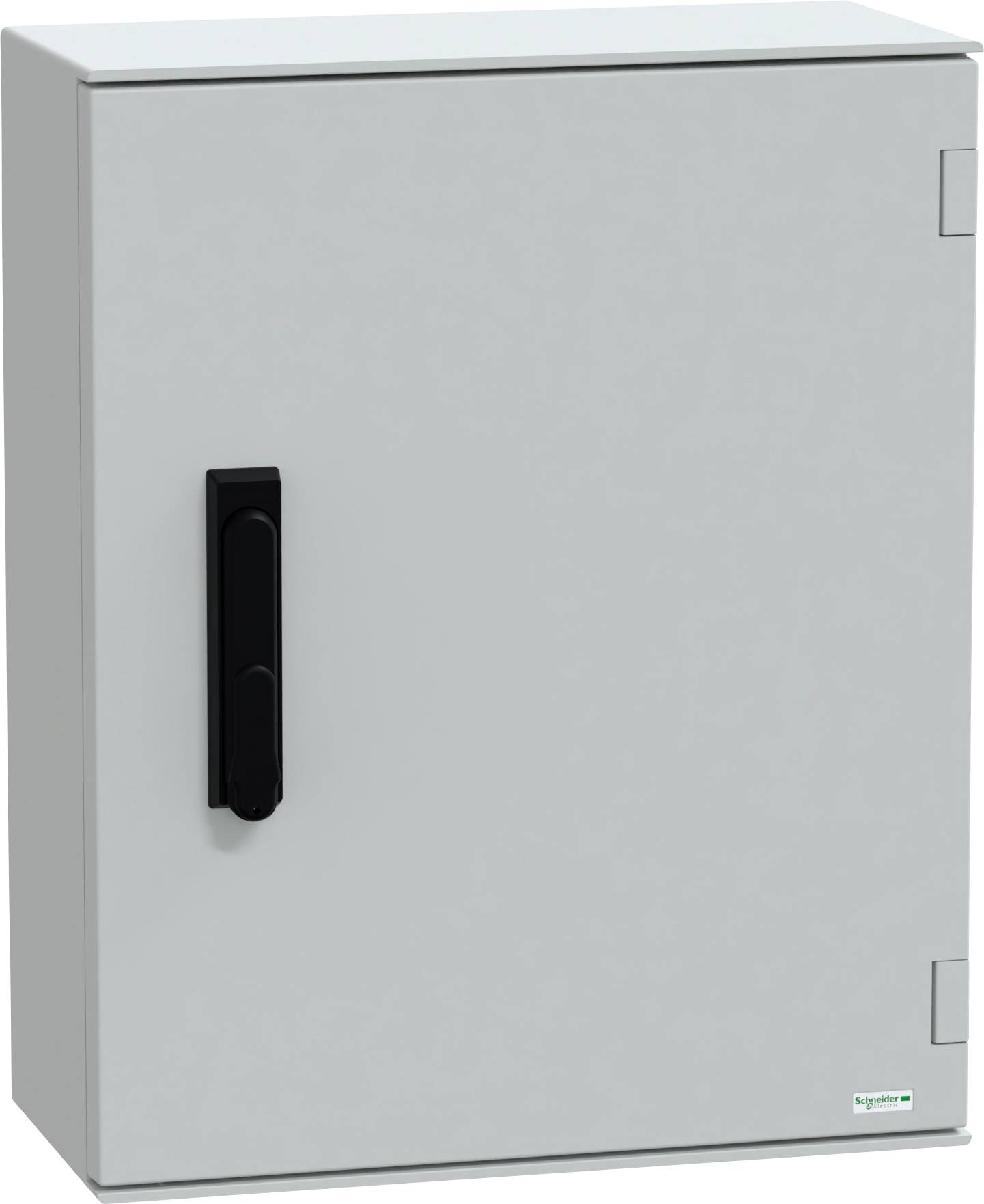 Un boîtier électrique en métal gris avec une poignée noire, utilisé pour loger des composants électriques et offrir une protection contre les facteurs environnementaux.