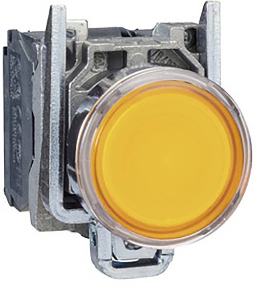 Un bouton jaune avec un support métallique, typique des dispositifs de commande industriels.