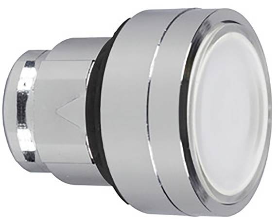 Un bouton-poussoir chromé avec une touche ronde blanche. Le bouton semble robuste et convient à l'installation dans un panneau de commande.