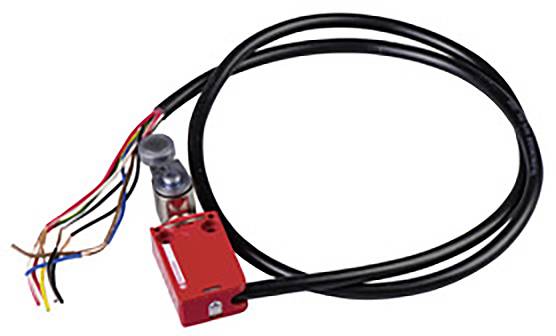 Un capteur de proximité rouge et noir avec des câbles. Le capteur a un boîtier métallique cylindrique et est connecté à différents fils colorés.