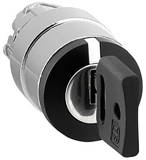 Serrure cylindrique avec une clé en plastique noir dans le cylindre, typiquement utilisée dans les systèmes de sécurité ou de verrouillage.