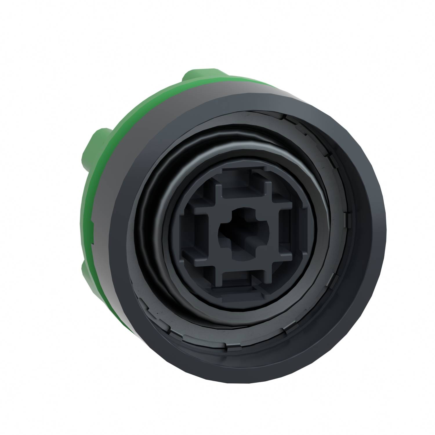 Un connecteur électrique circulaire vert avec des anneaux noirs concentriques et un raccordement intérieur en forme d'étoile.
