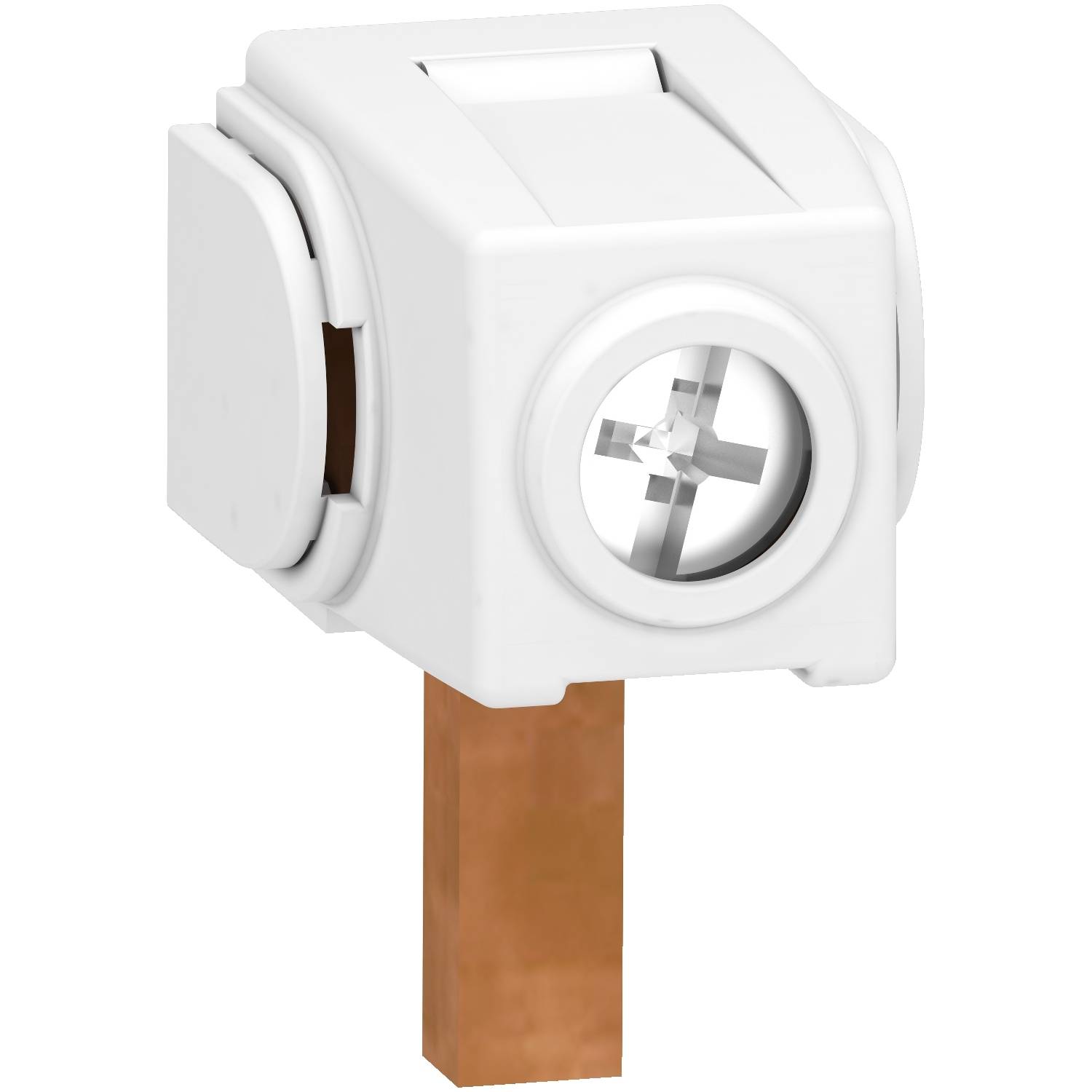 Un boîtier en plastique blanc carré avec une fente cruciforme sur la face avant, sur laquelle est fixé un conducteur de couleur cuivre.