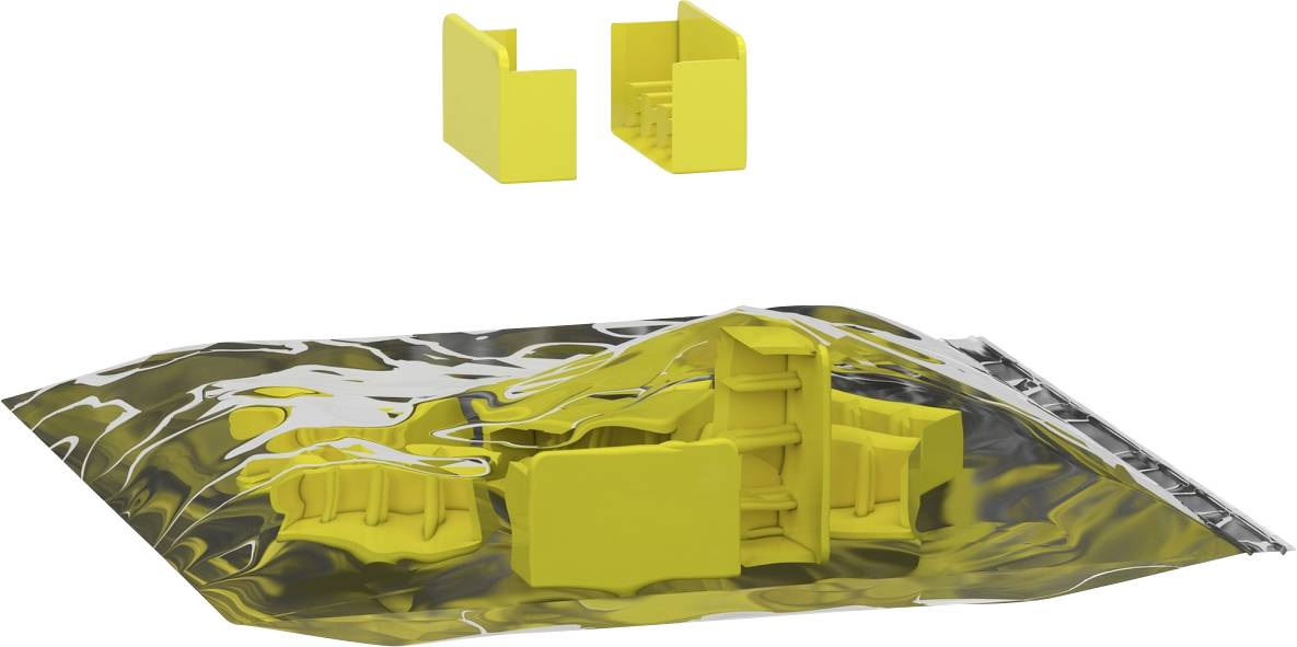 Illustration 3D d'un assemblage mécanique jaune présenté en vue éclatée au-dessus d'une base réfléchissante, avec les pièces de composants séparées de l'unité principale.