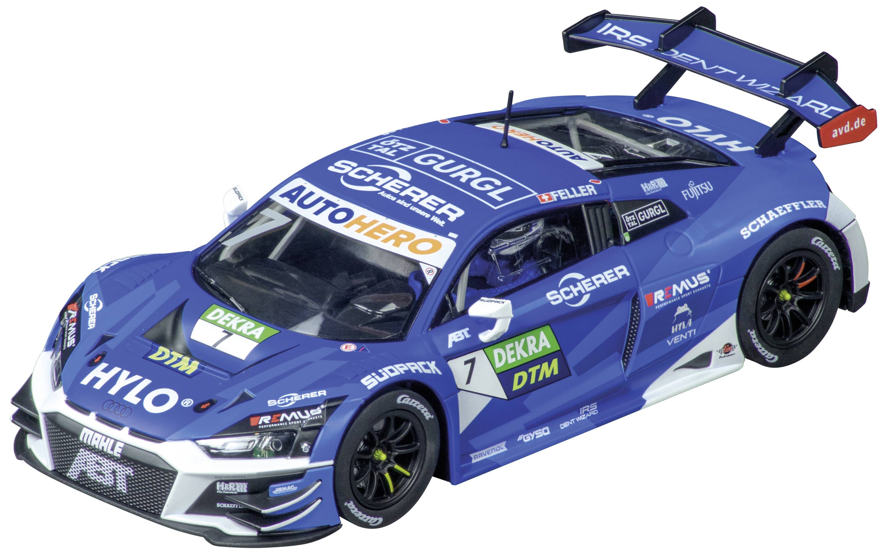Une voiture de course bleue avec des autocollants de sponsors. Logo DTM sur la face avant. Aileron arrière aérodynamique, numéro de course 7.