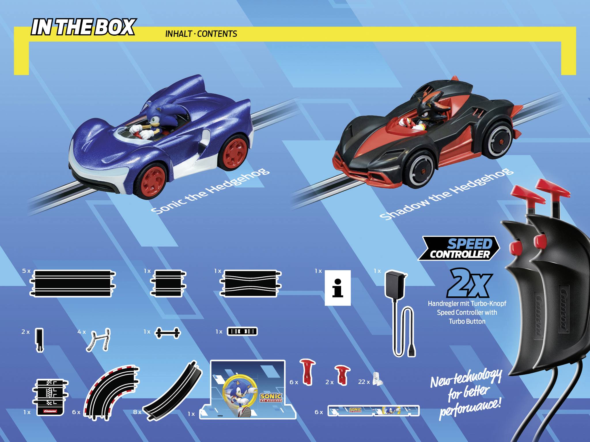 Contenu : Voitures de course Sonic the Hedgehog et Shadow the Hedgehog sur circuit. Comprend des segments de piste et 2 contrôleurs de vitesse.