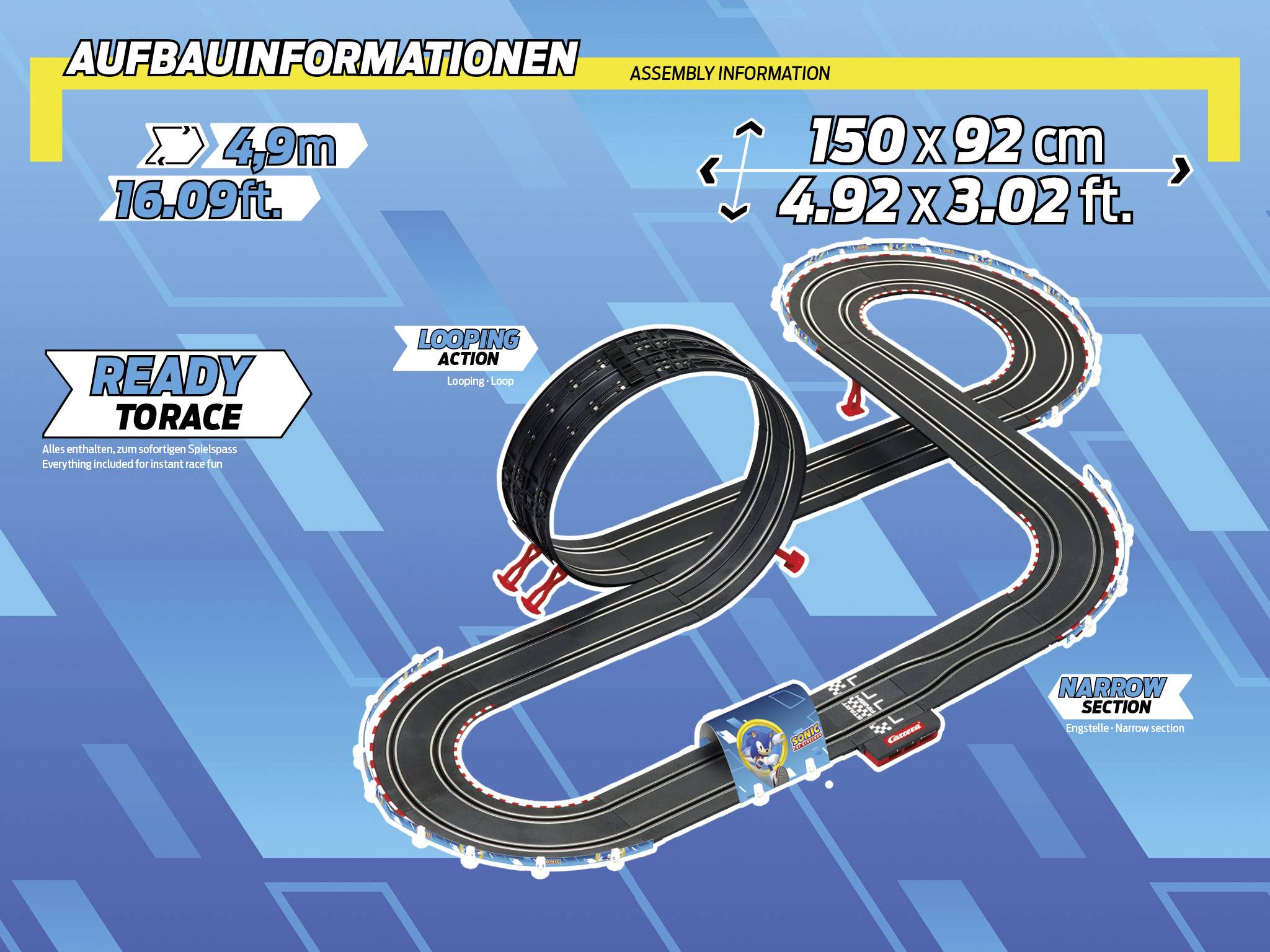 Informations de construction pour circuit de course : Dimensions 150 x 92 cm. Longueur du circuit 4,9 m. Actions : Looping et virages serrés.