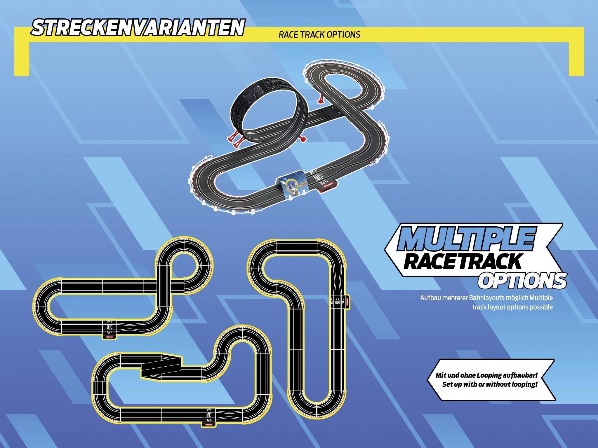 Trois variantes de circuit sur fond bleu : en haut circuit avec boucle, en bas à gauche circuit droit, en bas à droite circuit avec virages.