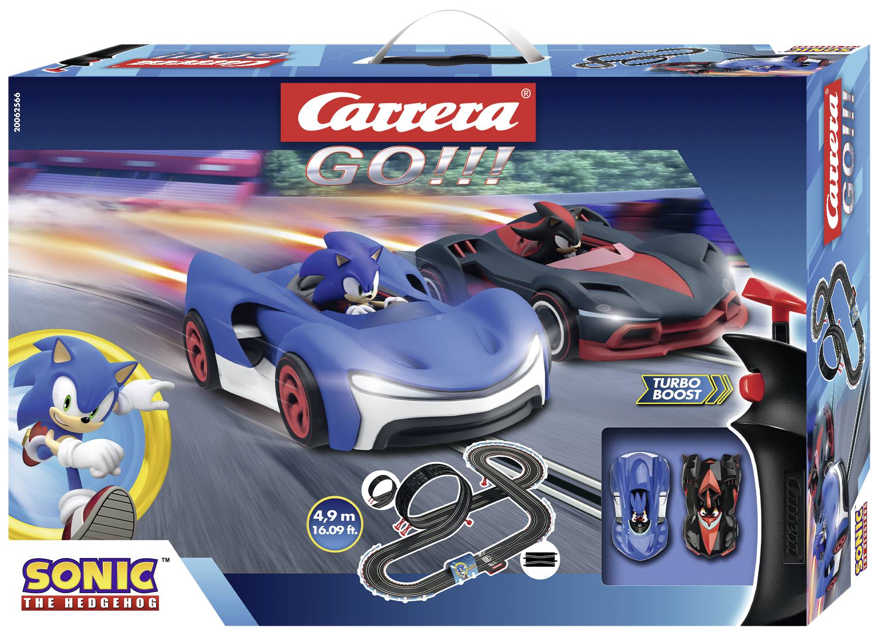 Coffret de circuit de course 'Sonic the Hedgehog' de Carrera. Le boîtier présente Sonic dans une voiture bleue et un véhicule rival rouge. Avec Turbo Boost, circuit de 4,9 m.