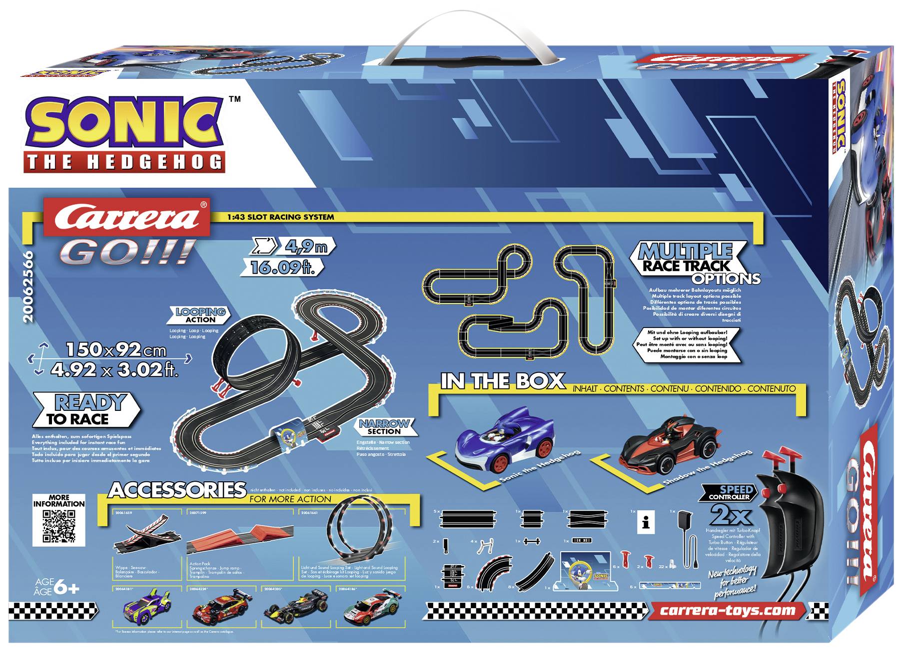 Piste de course Sonic the Hedgehog pour enfants à partir de 6 ans. Comprend deux voitures, un circuit avec plusieurs options et accessoires. Dimensions : 150 x 92 cm.