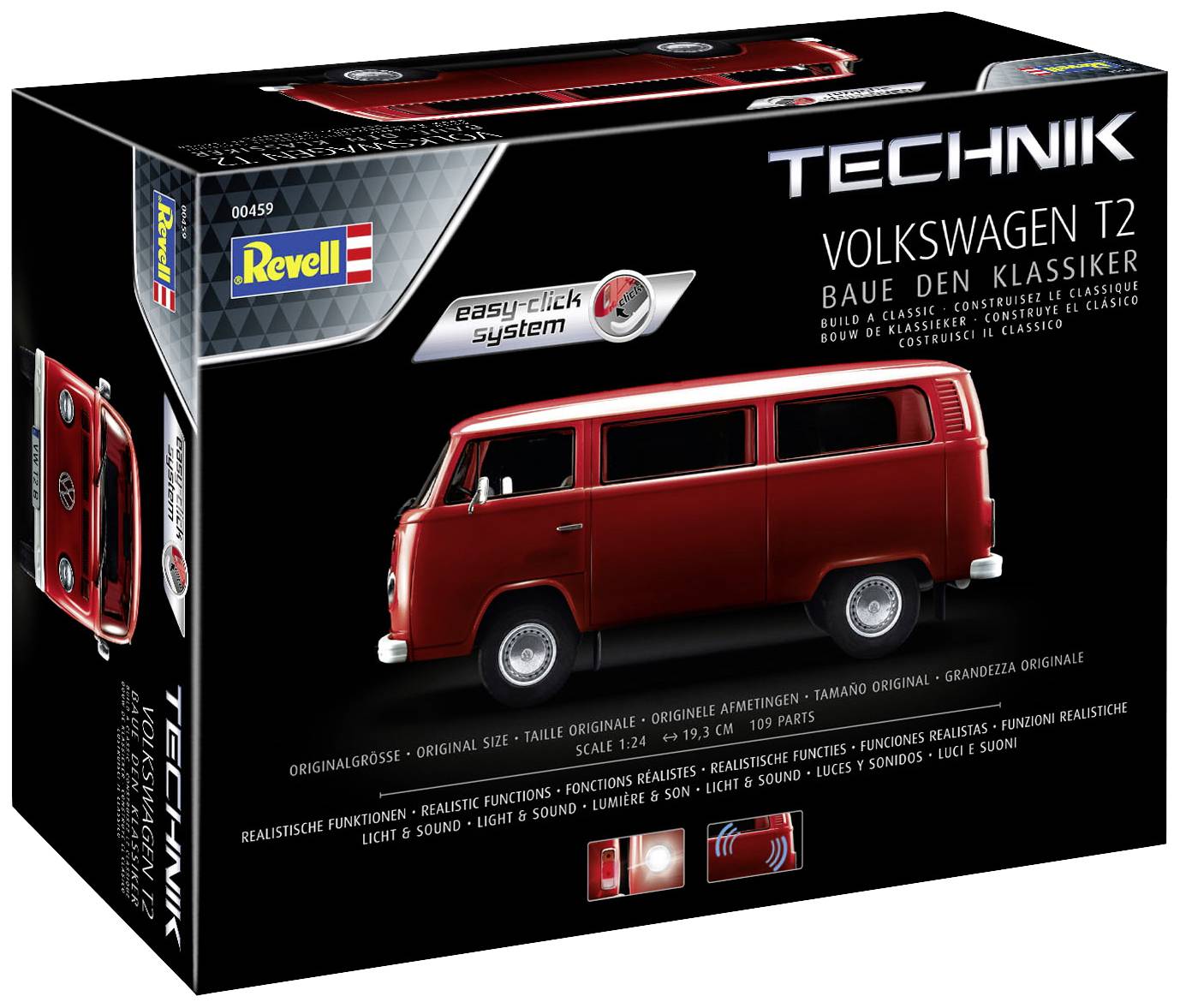 Maquette Revell 'Volkswagen T2' à l'échelle 1:24, facile à assembler (système Easy-Click), avec des fonctions et des sons réalistes.