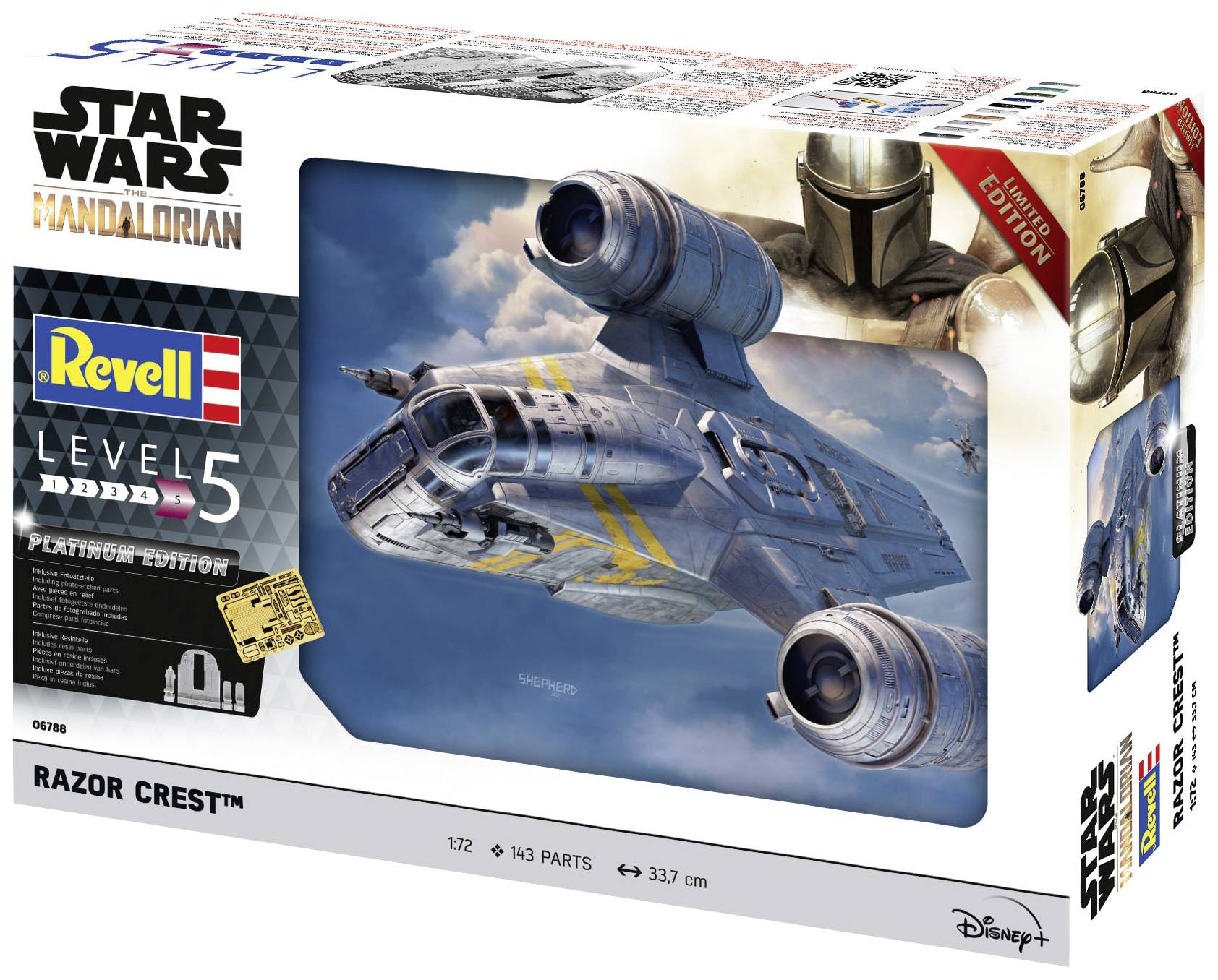 Kit de maquette 'Star Wars : Le Mandalorien' de Revell, niveau de difficulté 5, représentant le vaisseau spatial 'Razor Crest'. Comprend 193 pièces.