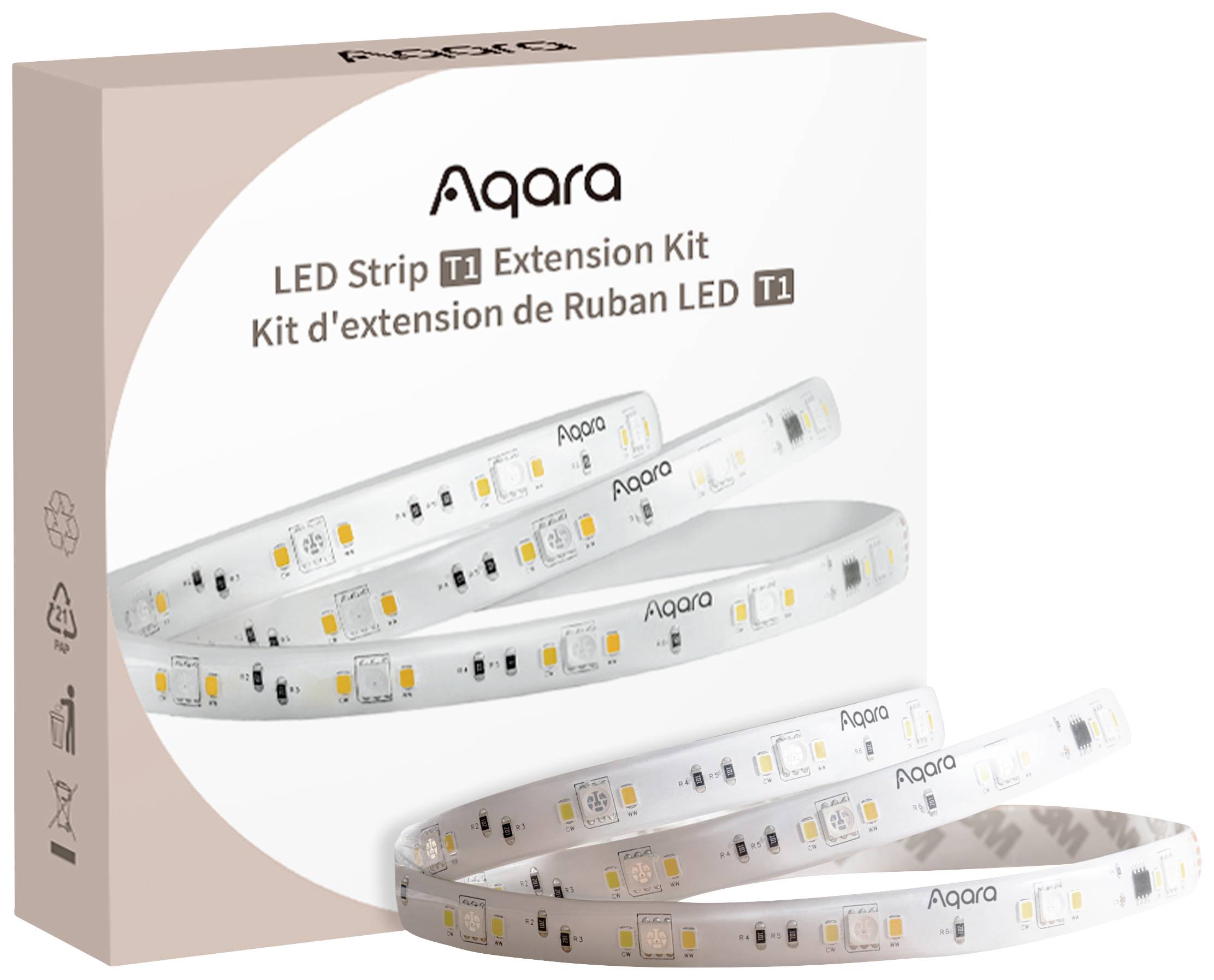 Emballage d'un kit d'extension de bande LED T1 d'Aqara, montrant un ruban LED flexible et étiqueté dans plusieurs langues.