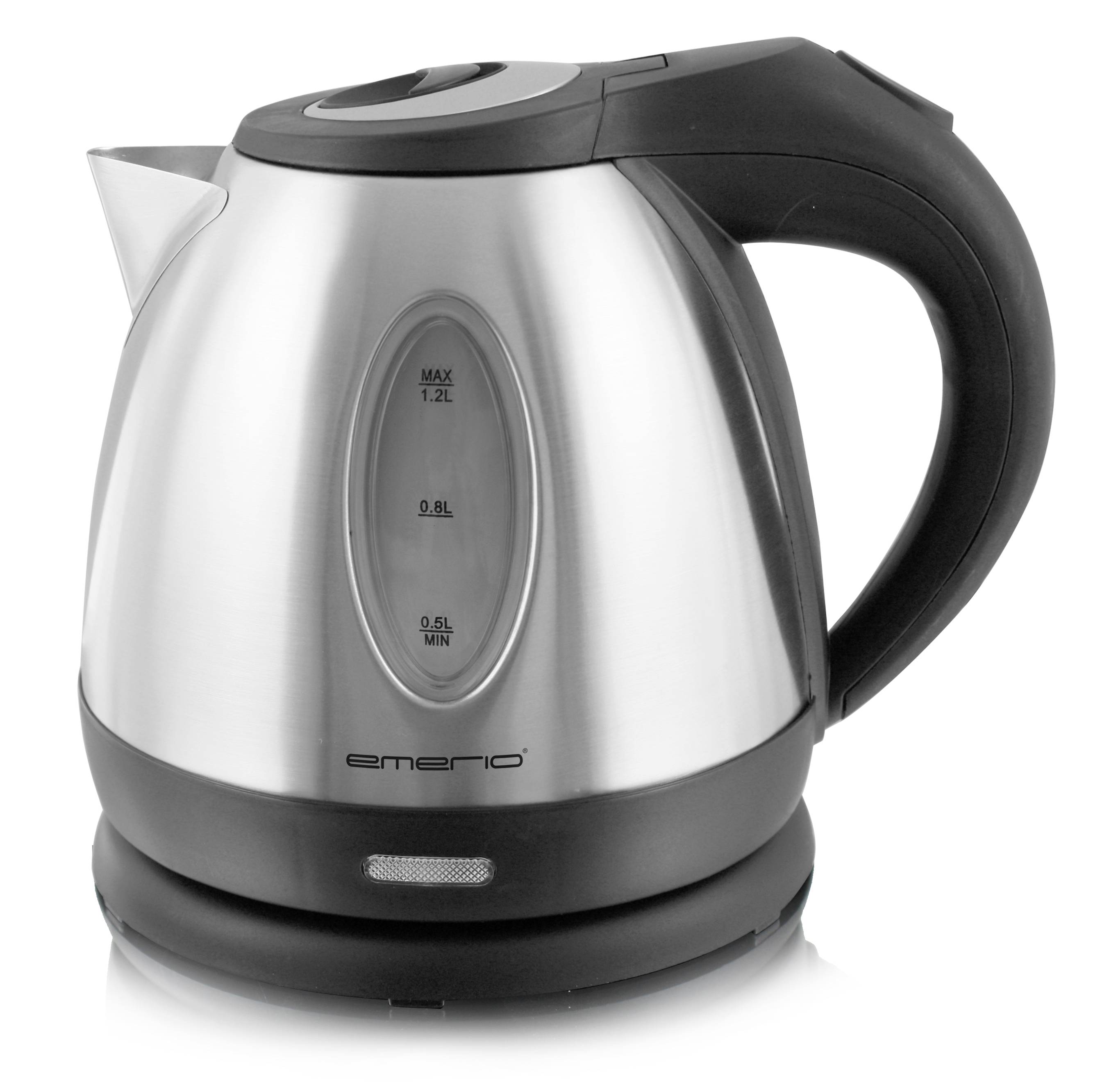 Bouilloire électrique en acier inoxydable avec poignée noire sur base ronde, indicateur de niveau d'eau sur le côté, marque 'Emerio'.