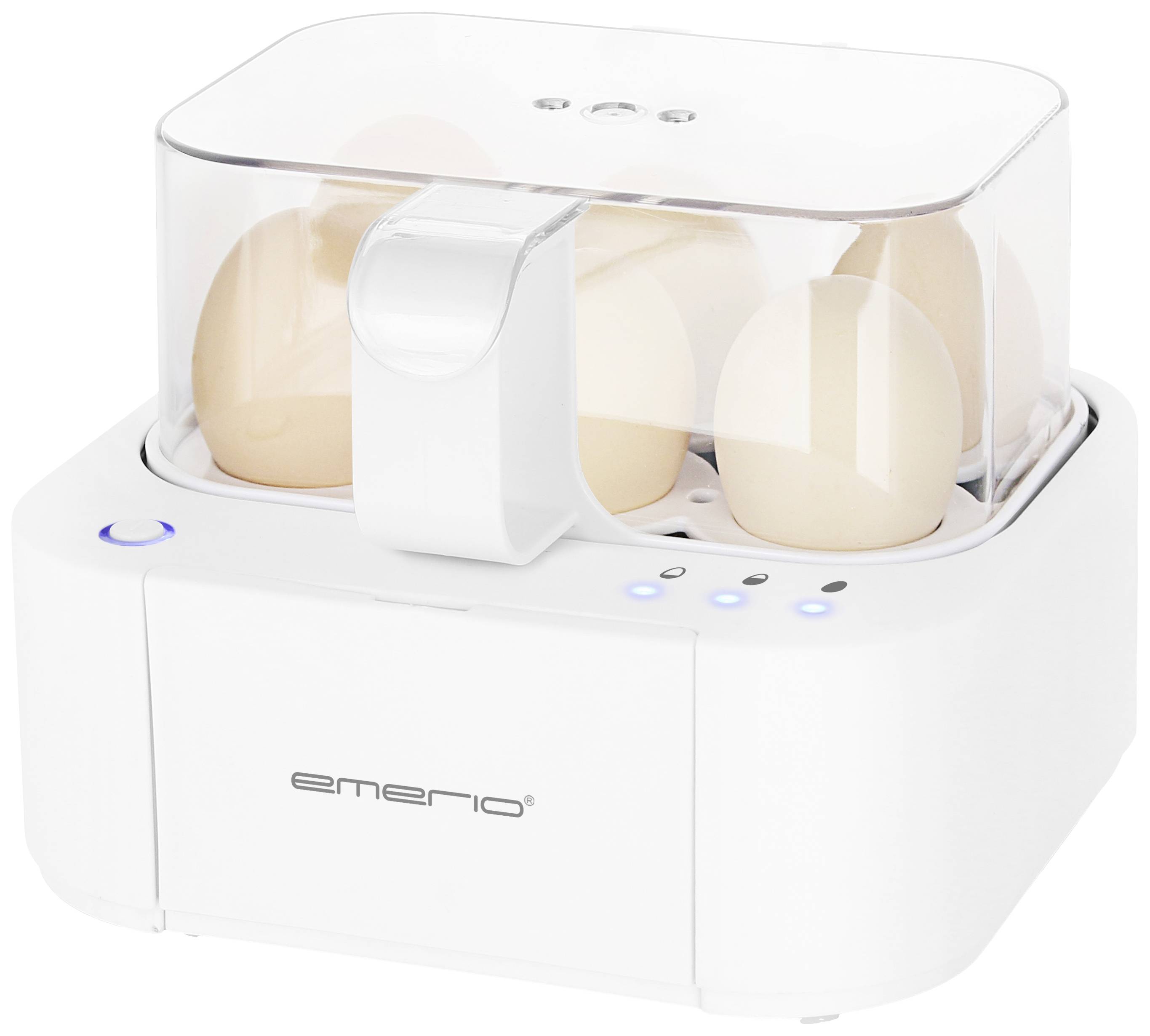 Un cuiseur à œufs électrique capable de cuire sept œufs simultanément. Il est blanc avec un couvercle transparent et dispose de témoins lumineux de fonctionnement.