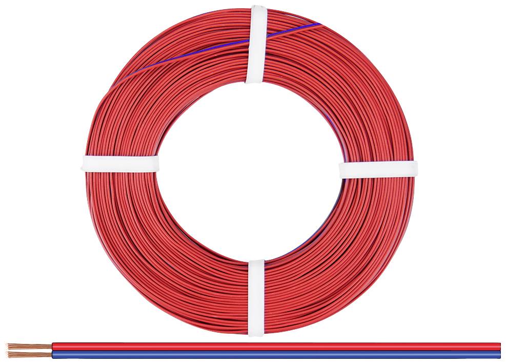 Rouleau de câbles électriques rouges et bleus, enroulés serrés, visible en coupe transversale. Gaine en plastique, fils de cuivre à l'intérieur.