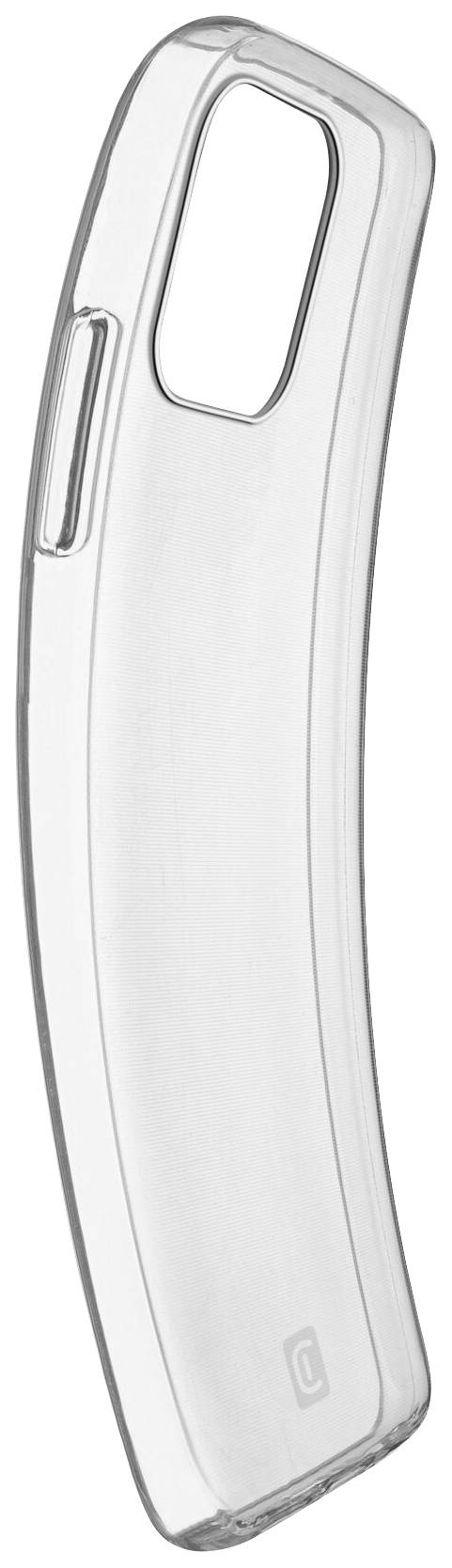 Une coque de protection transparente pour smartphone avec des découpes pour la caméra et les boutons, légèrement incurvée, fabriquée dans un matériau flexible.