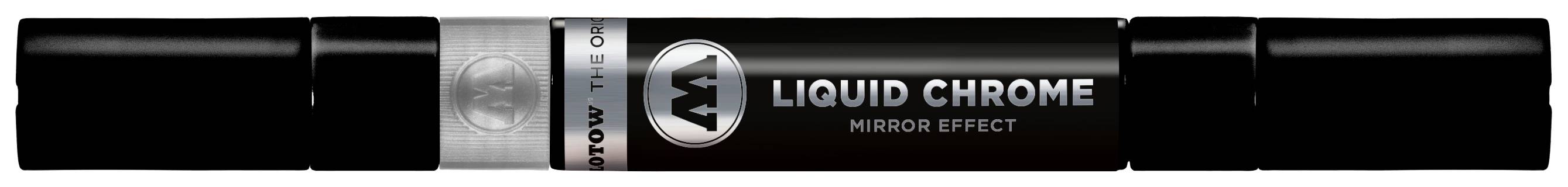 Un stylo noir avec un anneau argenté portant l'inscription 'LIQUID CHROME MIRROR EFFECT', pour des effets chrome miroir liquides.