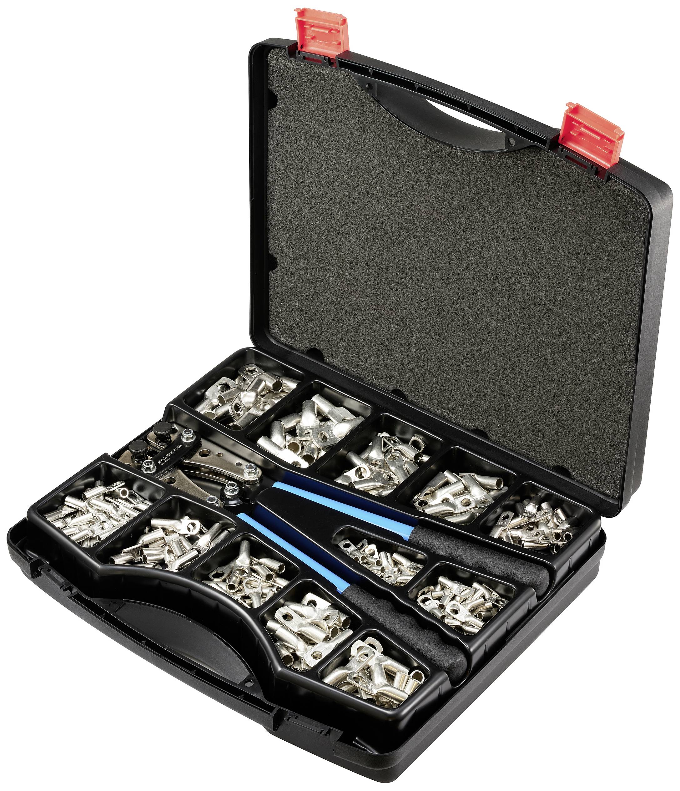 Boîte à outils contenant différentes pièces métalliques et un outil bleu. Comprend de nombreux compartiments pour différents composants.