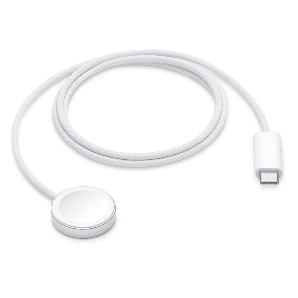 Un câble de charge blanc avec une connexion USB-C et un socle de charge magnétique rond à l'autre extrémité, adapté pour le chargement sans fil.