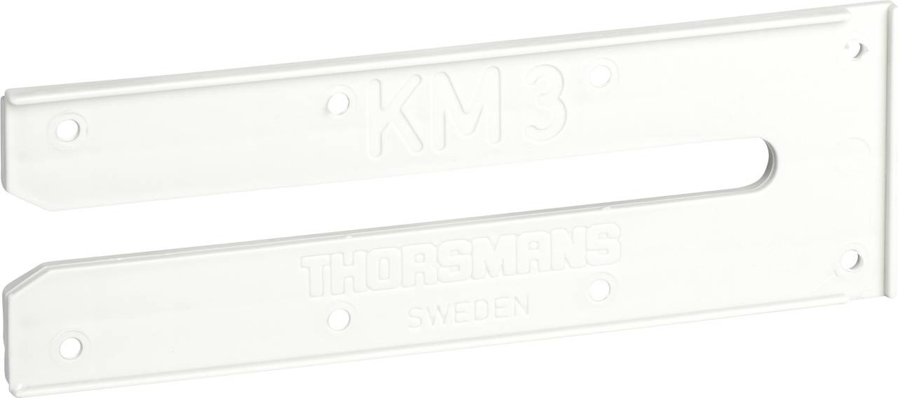 Une pince blanche portant l'inscription 'THORSMANS SWEDEN' et 'KM3'. Elle a une ouverture longue et rectangulaire et quatre trous de fixation.