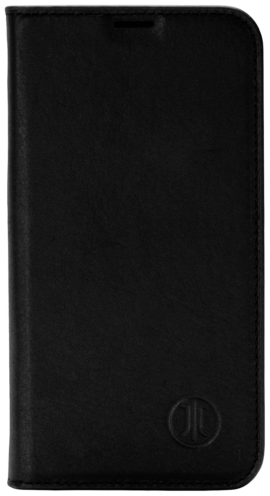 Un étui noir pour smartphone avec un logo imprimé en relief en bas à droite.