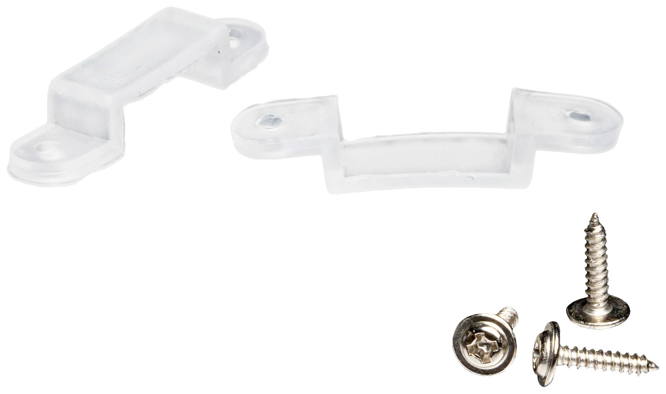 Deux supports en plastique transparent et trois vis métalliques sur un fond blanc. Fonction principale : matériel de fixation.