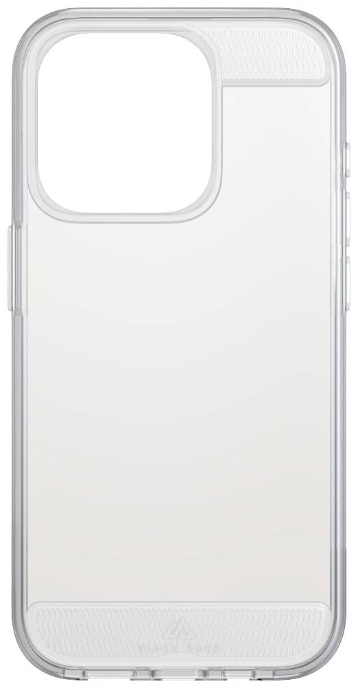 Coque de téléphone transparente avec un bord épais, adaptée à un smartphone avec un grand découpage pour l'appareil photo en haut.
