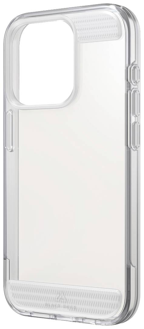 Étui de téléphone transparent avec coins renforcés et bords texturés pour une meilleure prise en main.