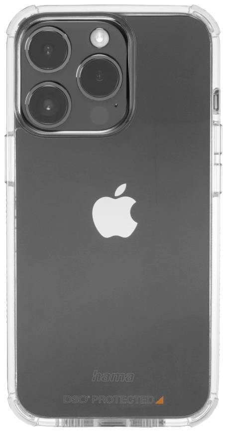Smartphone avec une coque de protection transparente, montrant l'arrière avec la caméra et le logo Apple.