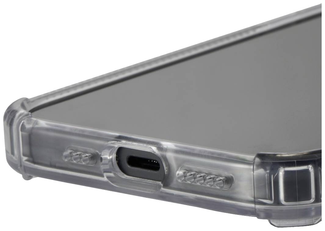 Gros plan sur une coque de téléphone transparente protégeant une partie d'un smartphone avec port USB-C.