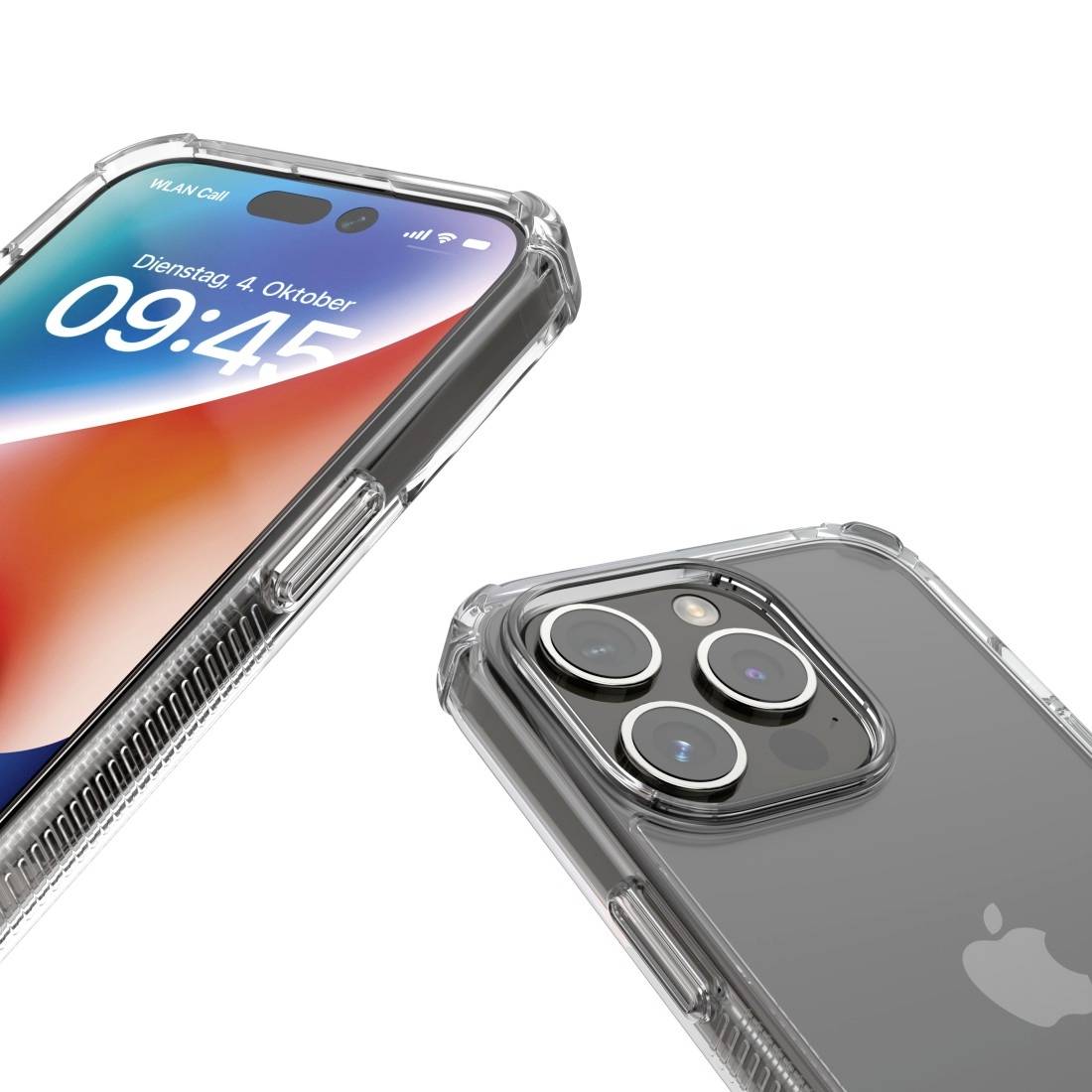 Deux smartphones gris avec des étuis transparents, l'un affichant l'écran avec l'heure et la date, l'autre montrant les caméras arrière.