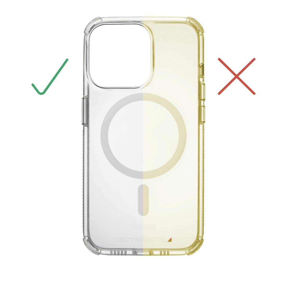 Une coque de téléphone, transparente à gauche et jaunâtre à droite. Une coche verte pointe vers la moitié transparente, une croix rouge vers la moitié jaunâtre, illustrant une comparaison des couleurs.