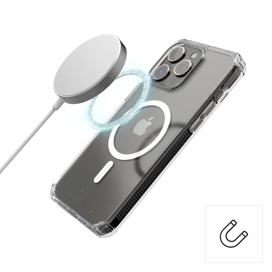 Une housse de téléphone transparente montre la fonction MagSafe à l'arrière d'un smartphone, avec un chargeur MagSafe à côté.