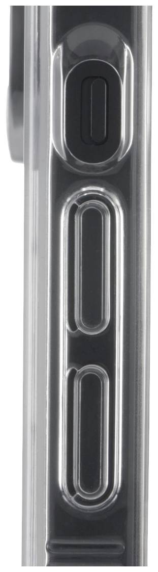 Vue latérale d'un smartphone avec des touches de réglage du volume et un bouton latéral sur un boîtier argenté.