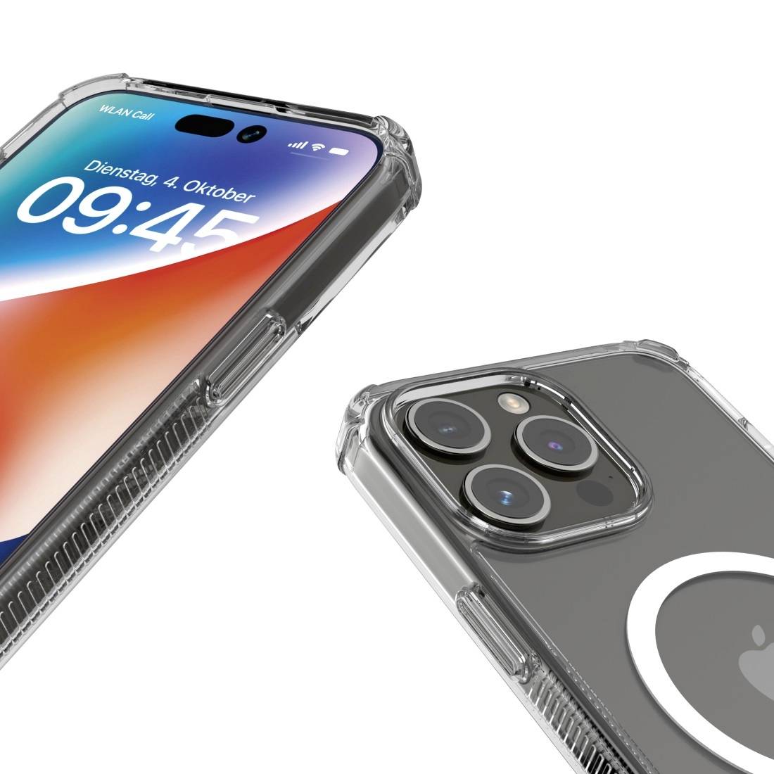 Un smartphone moderne avec un boîtier de protection transparent affiche l'heure 09:45 et la date Mardi, 4 octobre à l'écran.