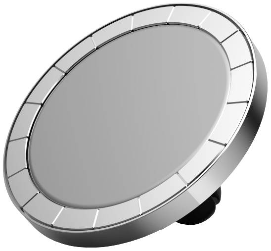 Un bouton argenté, rond, à surface lisse et bordé d'un bord cannelé périphérique.