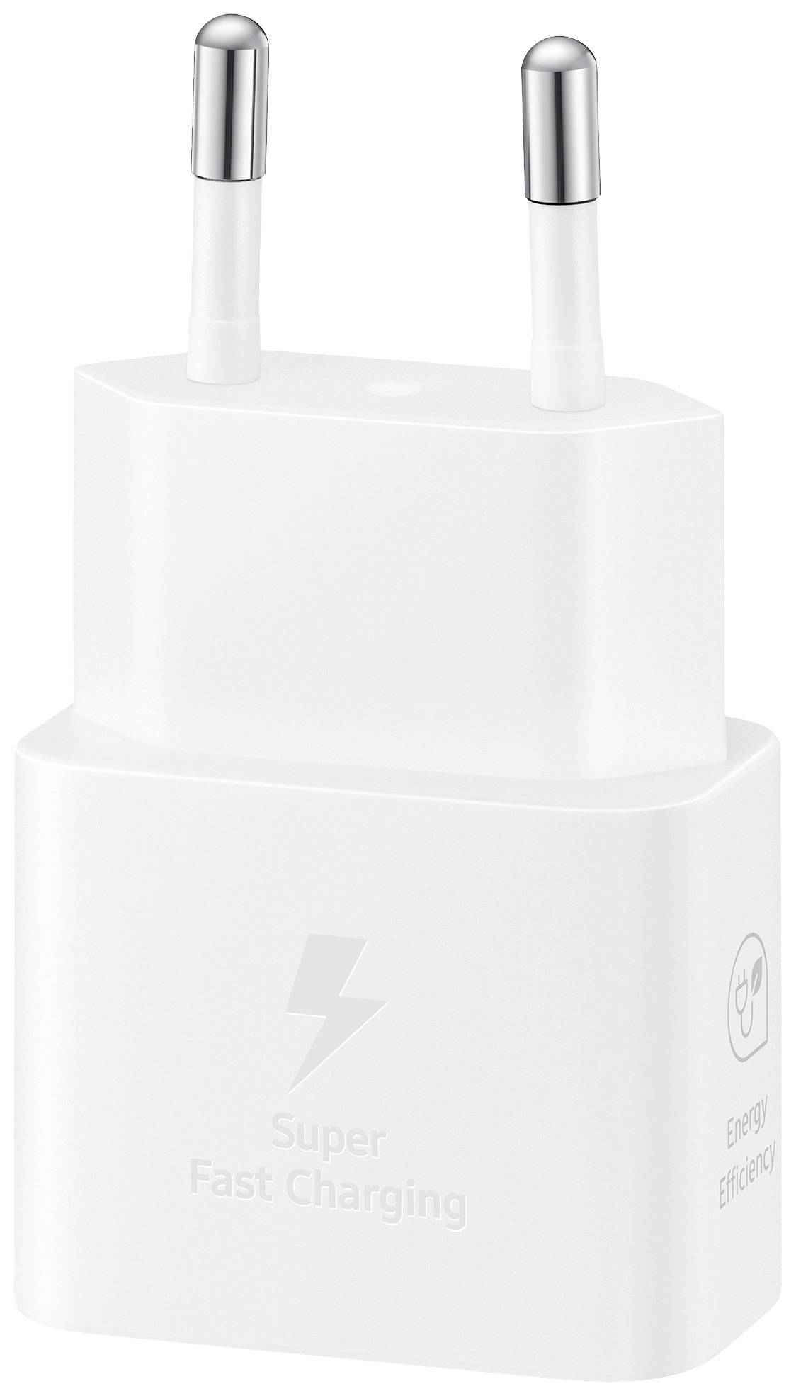 Un chargeur blanc portant l'inscription 'Super Fast Charging' et des symboles d'efficacité énergétique.