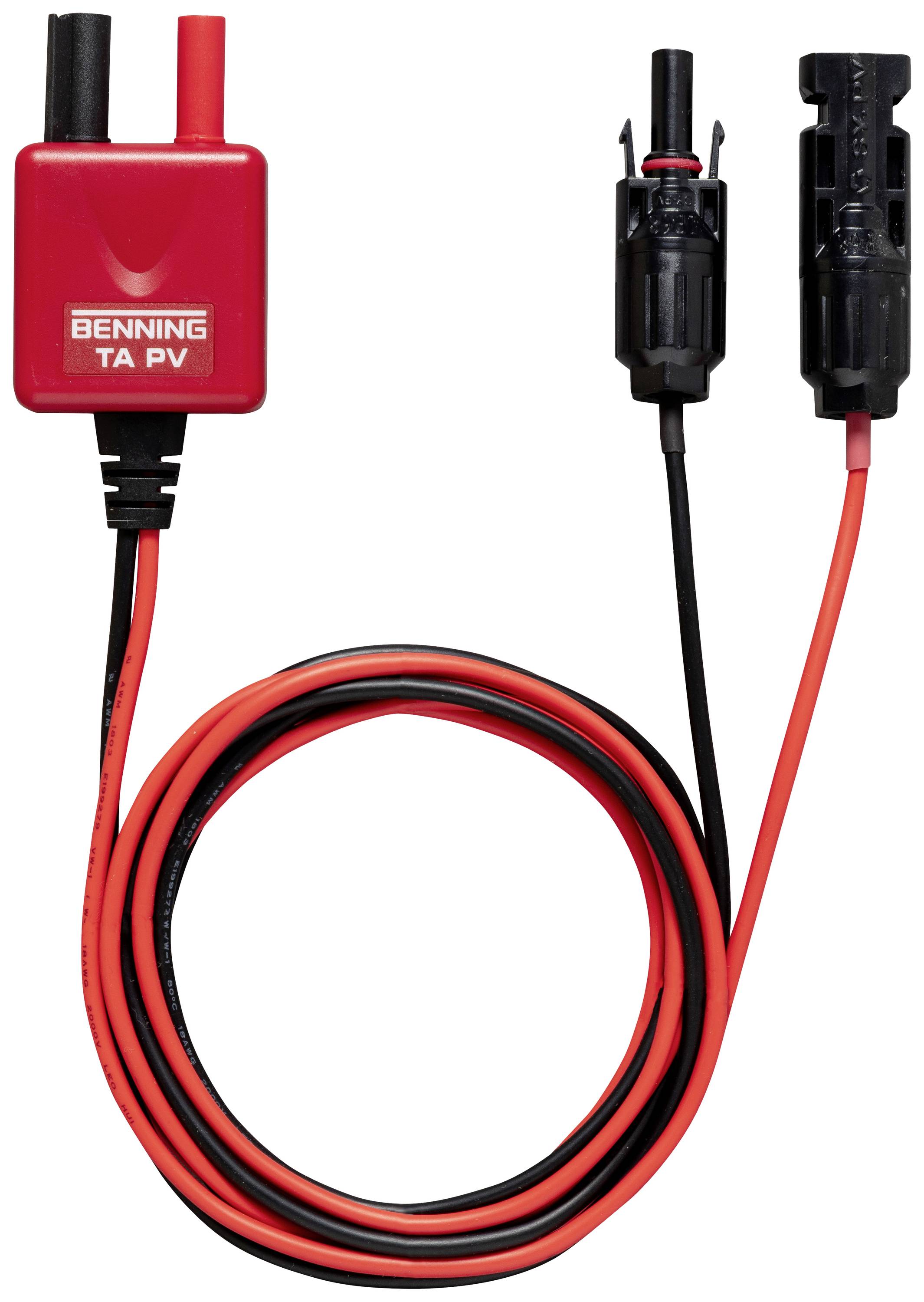 Adaptateur Tesleadapter TA PV de BENNING, câbles rouge et noir, avec connecteurs MC4 pour appareils de mesure photovoltaïques.