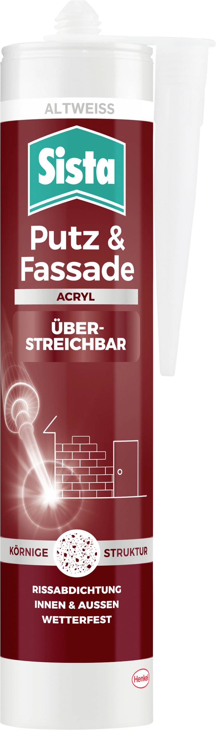 Kartusche Sista Putz & Façade Acryl, adapté aux fissures intérieures et extérieures, recouvrable, résistant aux intempéries, sur fond rouge.