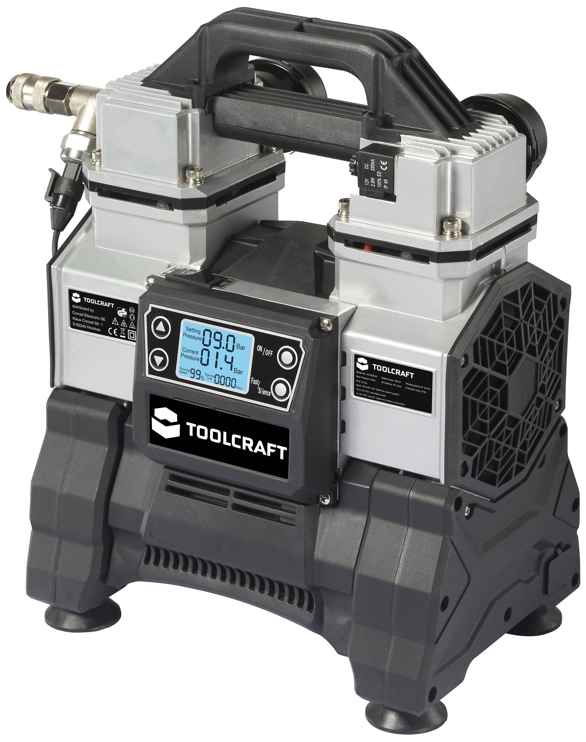 Compresseur portable avec affichage numérique, indiquant une pression d'air de 99 PSI. Boîtier noir avec des éléments argentés.
