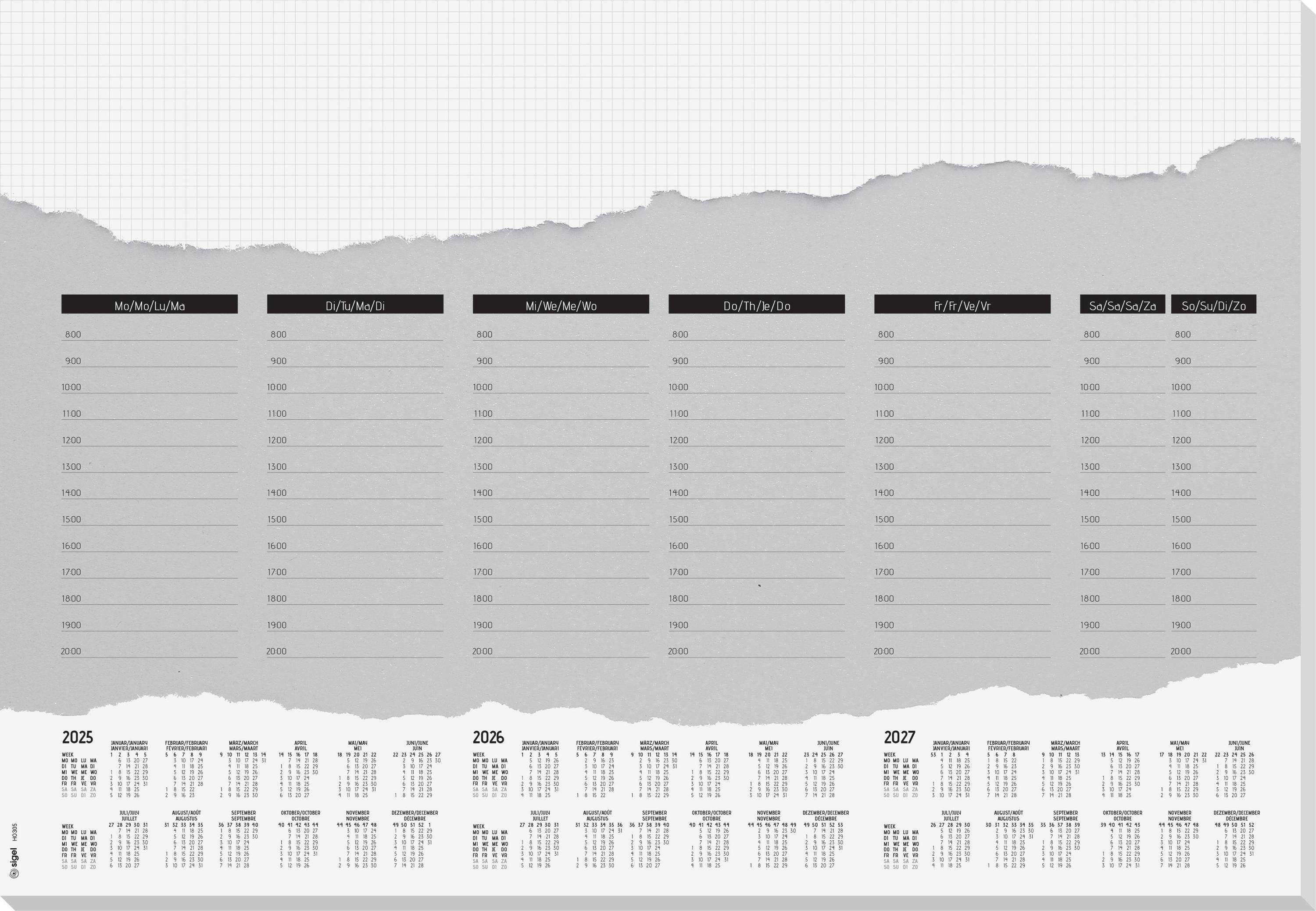 Calendrier mural gris aux bords déchirés. Divisé en sept colonnes. En bas, les années 2025, 2026 et 2027 sont représentées dans de petits calendriers.