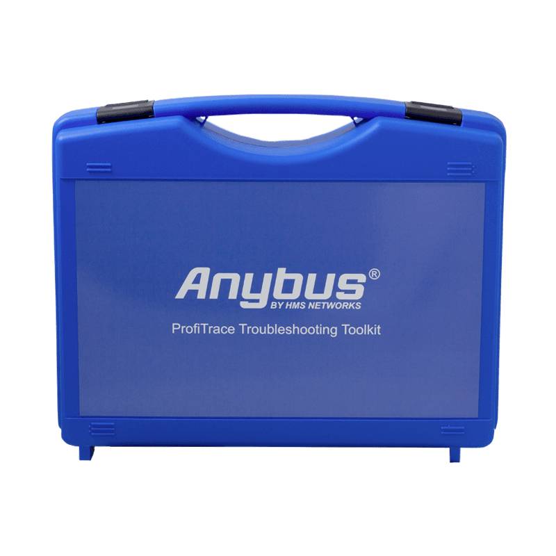 Mallette à outils bleue portant le logo 'Anybus' et l'inscription 'ProfiTrace Troubleshooting Toolkit' sur la face avant.
