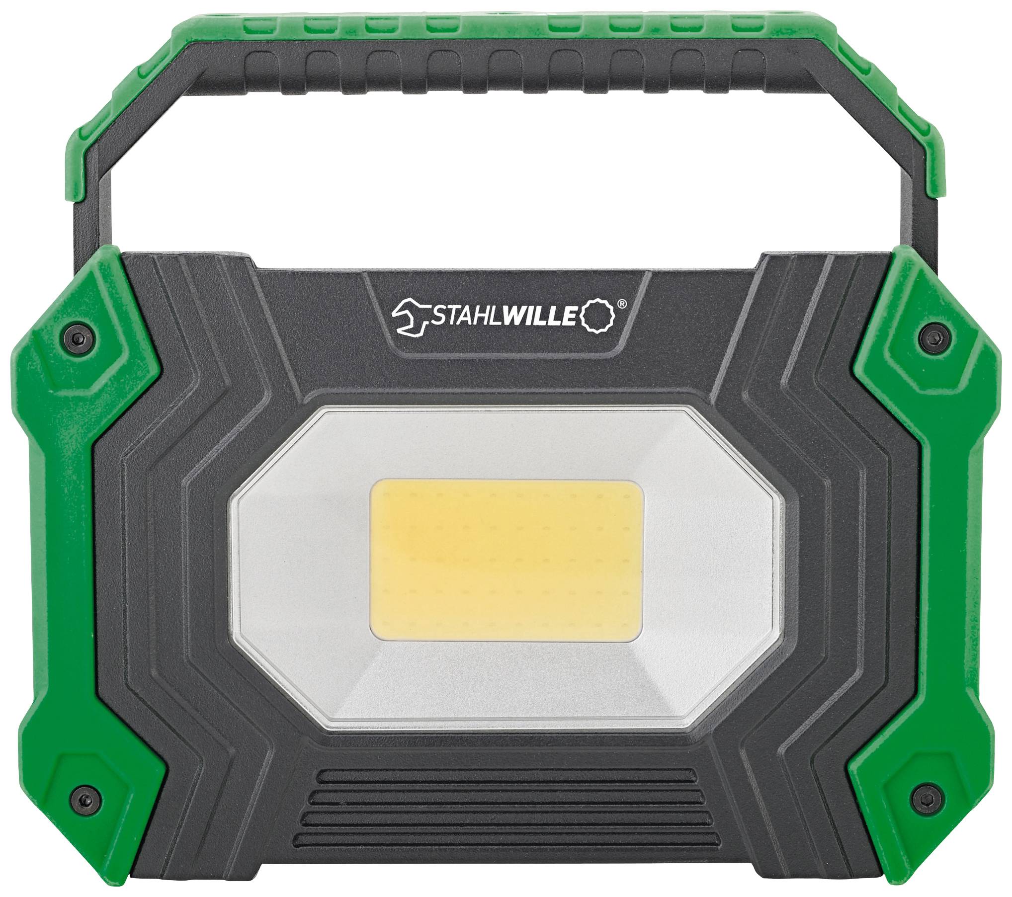 Lampe de travail LED portable rectangulaire avec revêtement en caoutchouc vert et noir et poignée. Logo de marque 'STAHWILLE' sur la face avant.