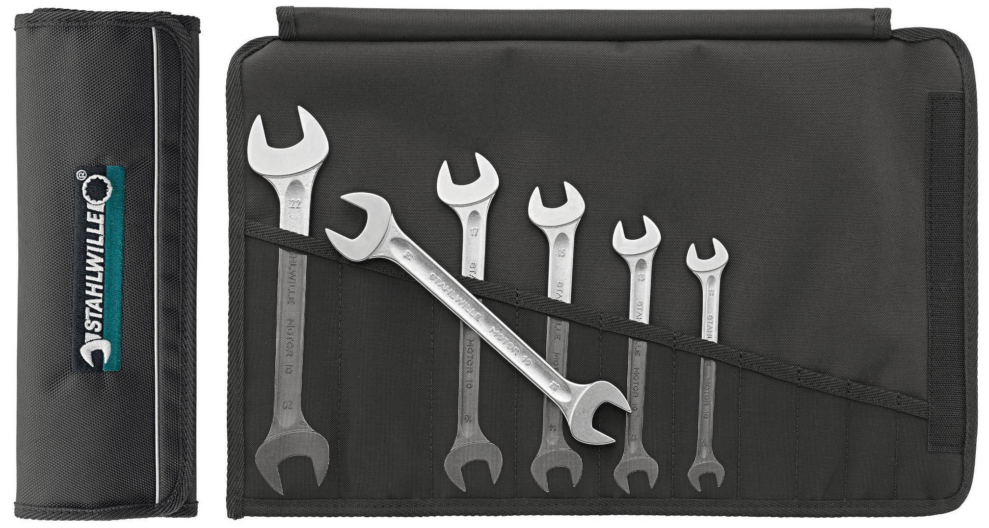 Un ensemble d'outils noir comprenant six clés plates de différentes tailles, présenté sur un étui à outils noir.