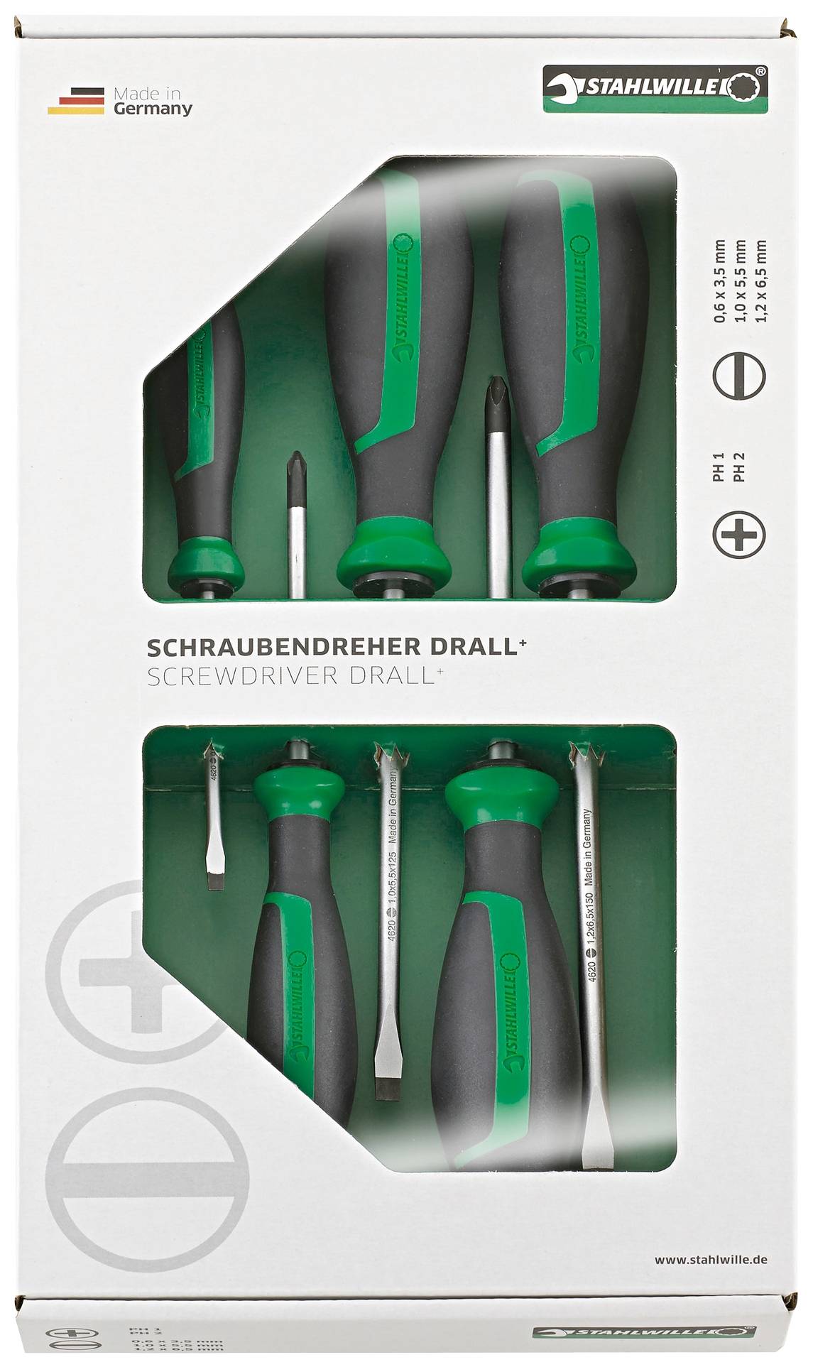 Un emballage contenant des tournevis verts et noirs. Texte 'Made in Germany'. Marquage des tailles et types PH1, PH2.
