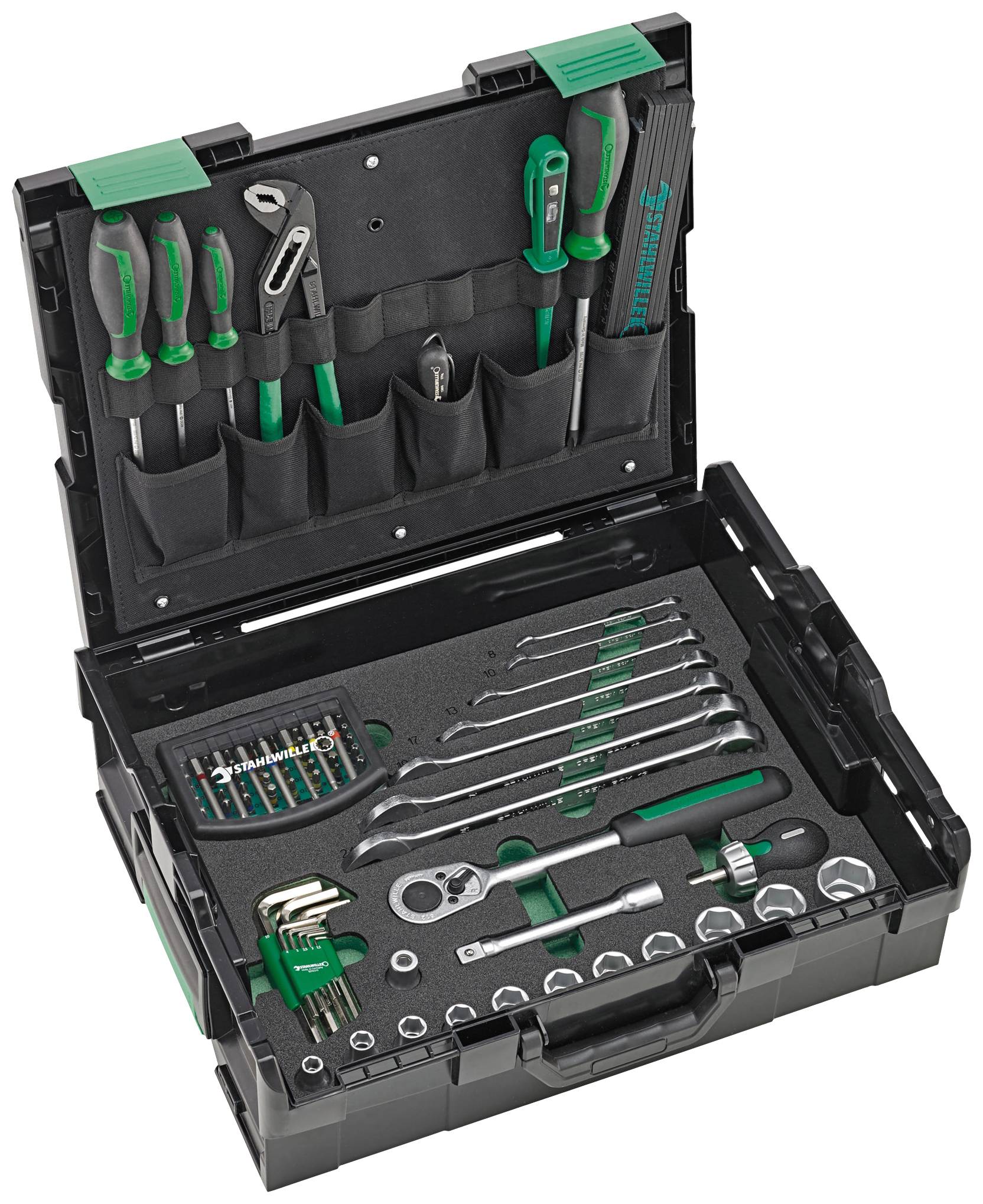 Une boîte à outils ouverte présente divers outils verts et argentés, comprenant des tournevis, des clés et des embouts.