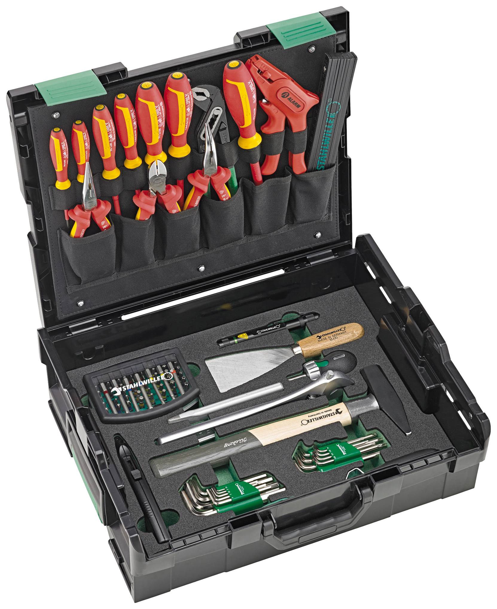 Boîte à outils avec couvercle ouvert ; en haut tournevis et pinces, en bas marteau, clés à molette et jeu d'embouts.